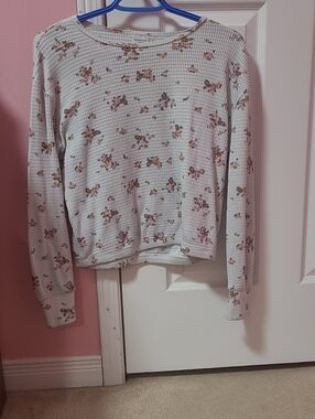 Abercrombie Waffle-Knit Crewneck Sweater with Pink Floral Pattern